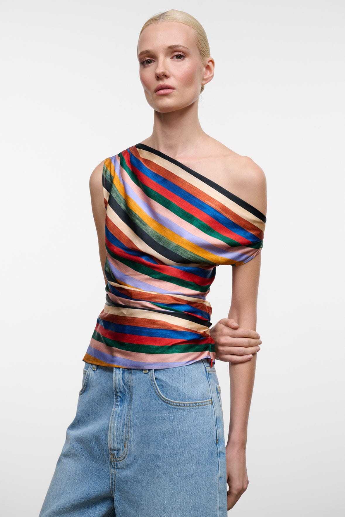 PHARE silk top with multicolor diagonal stripes, one-shoulder fitted drape