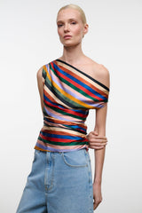 PHARE silk top with multicolor diagonal stripes, one-shoulder fitted drape