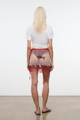 RIVA skirt by DA ADOLFO, red embellished mini skirt with fringe and printed motifs