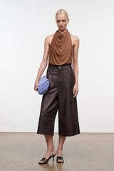 MONAY sleeveless bodysuit with draped halter neckline in cigar brown
