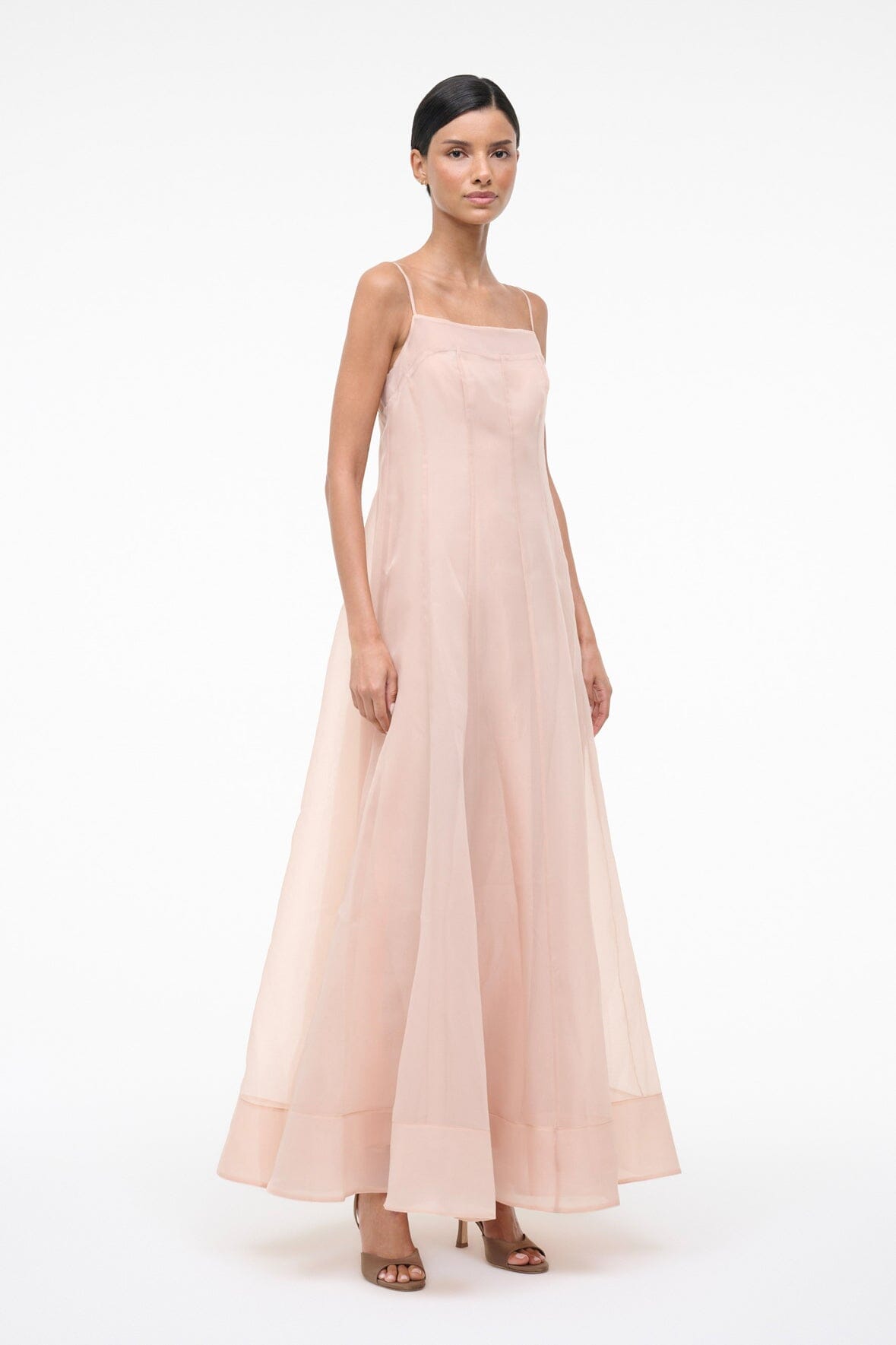 Fawn square-neck sleeveless maxi dress with tiered panels at the hem