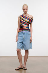 PHARE silk top with multicolor diagonal stripes, one-shoulder fitted style