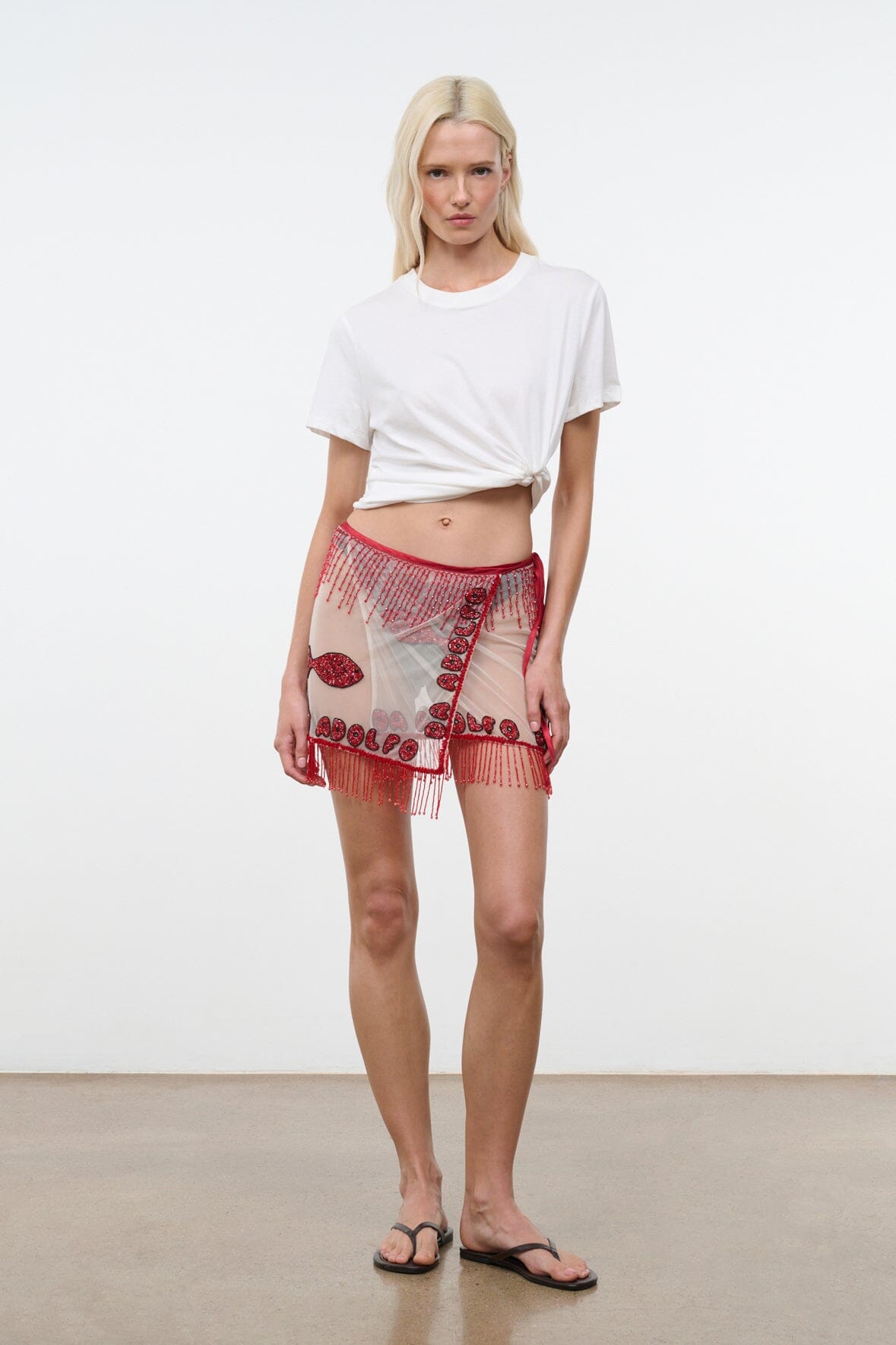 RIVA skirt by DA ADOLFO, red beaded mini skirt with fish pattern and tassel fringe