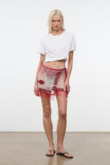 RIVA skirt by DA ADOLFO, red beaded mini skirt with fish pattern and tassel fringe