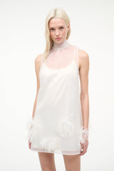 White sleeveless mini dress with feather appliques on sides and hem