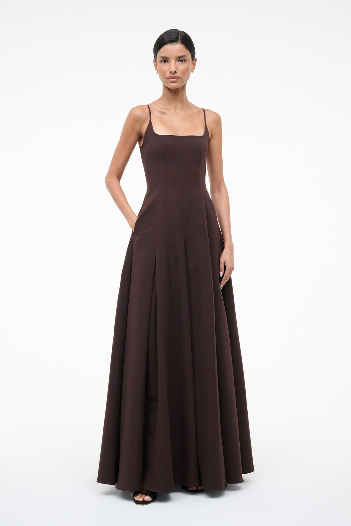 JOY maxi dress dark brown with thin straps and square neckline, flowing pleated skirt
