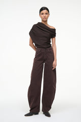 Draped MABEL sweater in dark brown with cowl neck and wrapped shoulder