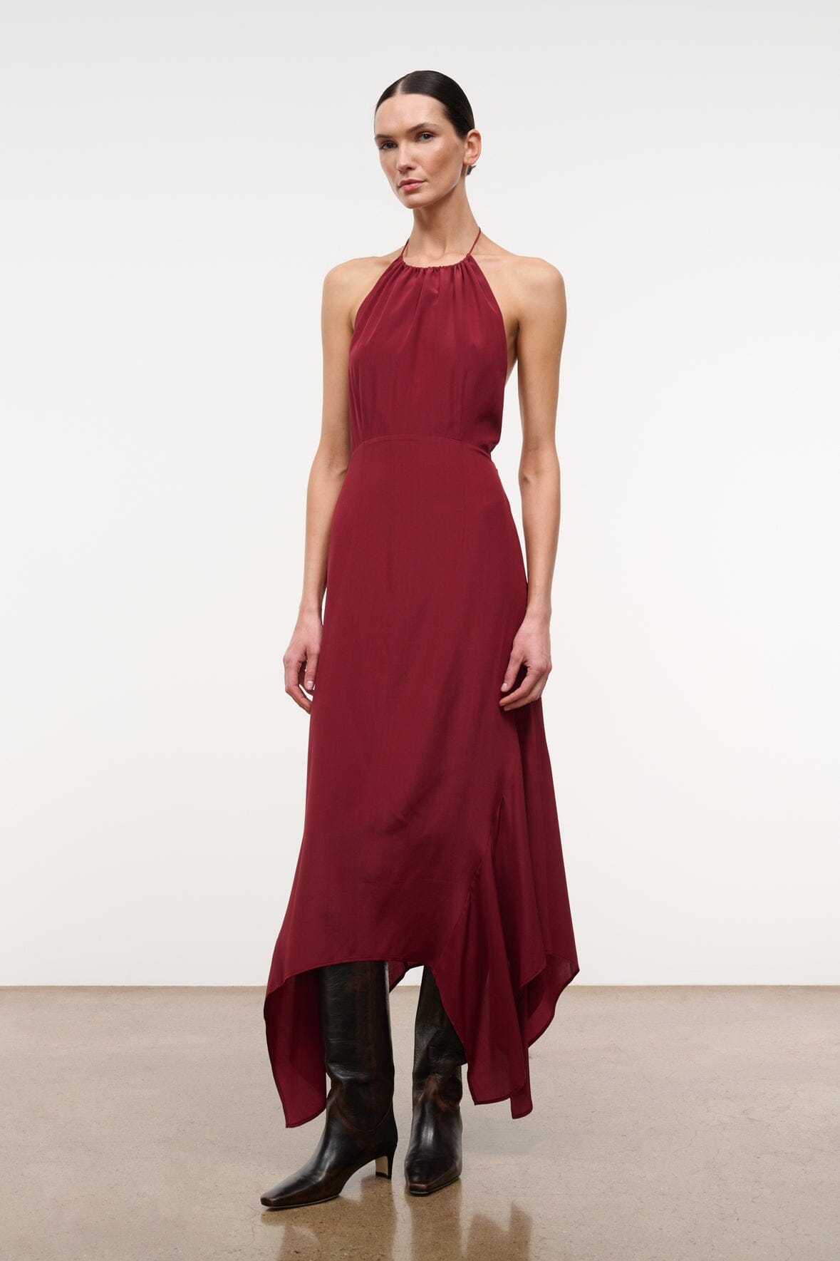 Silk halter dress dark red with sleeveless halter neckline and layered skirt