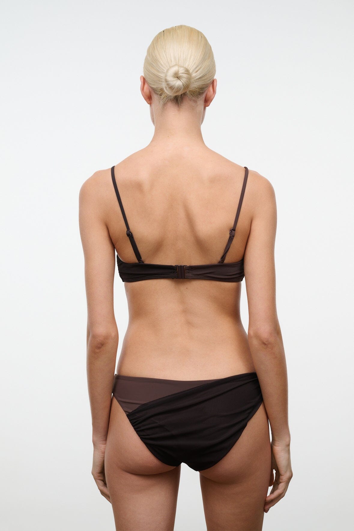 Dark brown bikini set view: ruched bikini bottom with gathered back and side coverage