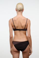 Dark brown bikini set view: ruched bikini bottom with gathered back and side coverage