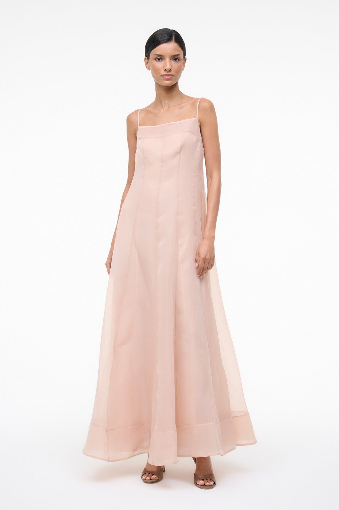Fawn sleeveless maxi dress with square neckline and flowing tiered skirt