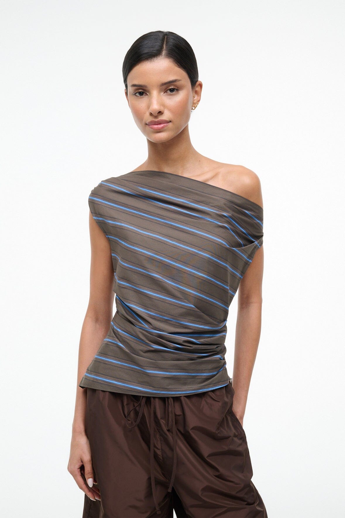 Front view off-shoulder striped draped top, dark with blue horizontal stripes