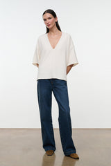Ivory V-neck tee with short sleeves, loose boxy silhouette