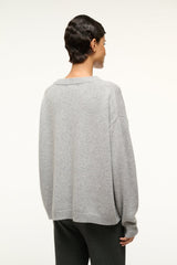 Heather grey cashmere crewneck sweater, relaxed fit, long sleeves, ribbed hem