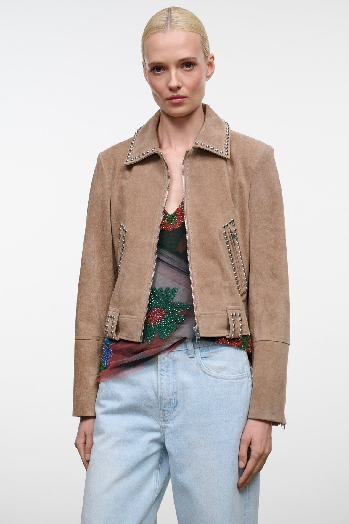 Tan suede zip jacket with studded collar and side flap pockets.