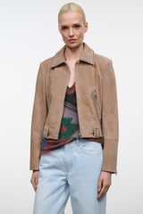 Tan suede zip jacket with studded collar and side flap pockets.