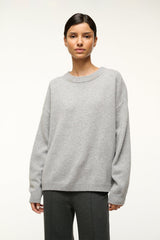 Heather grey cashmere relaxed crewneck sweater, long sleeves, ribbed cuffs and hem