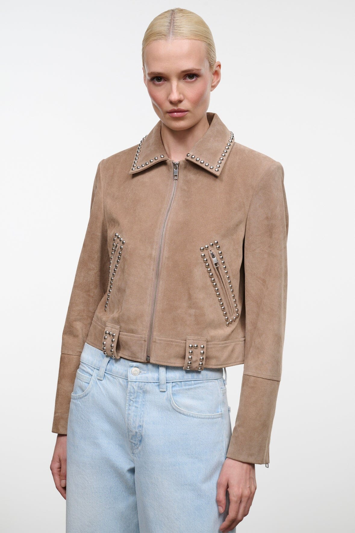 Tan suede zip jacket with studded lapel and two studded chest pockets.