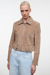 Tan suede zip jacket with studded lapel and two studded chest pockets.