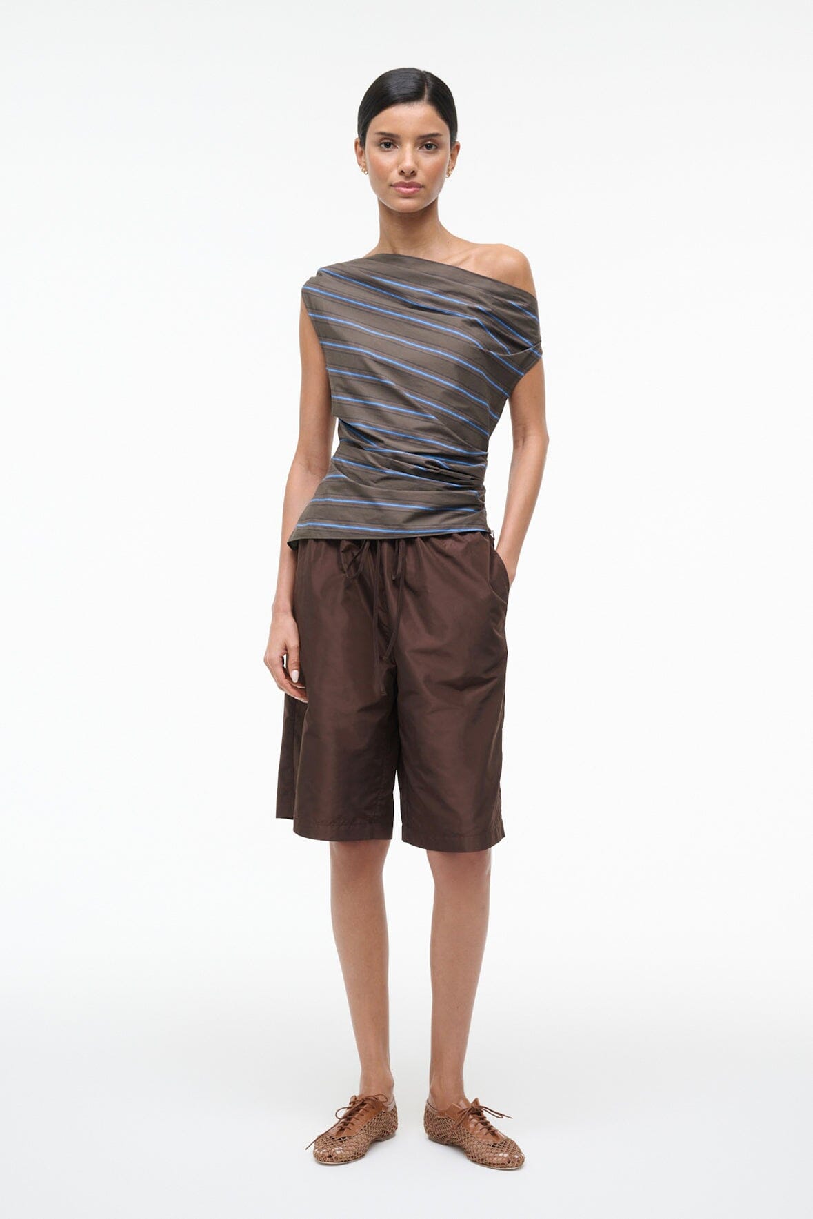 Off-shoulder striped draped top, dark with blue horizontal stripes