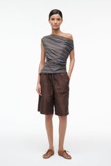 Off-shoulder striped draped top, dark with blue horizontal stripes