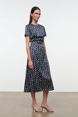 Silk midi dress, navy blue multicolor print, short sleeves, belted waist, side view