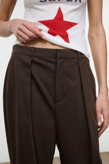 Dark brown tailored pants with pleated front, belt loops, buttoned waistband