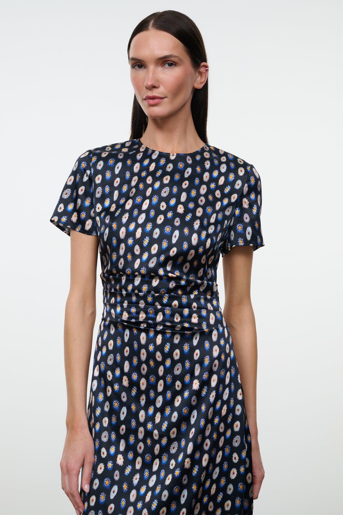 Silk midi dress, navy blue with multicolor print, belted waist, short sleeves