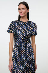 Silk midi dress, navy blue with multicolor print, belted waist, short sleeves