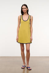 Sleeveless yellow dress with navy-trim U neckline and A-line silhouette