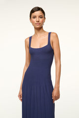 Navy sleeveless square-neck knit midi dress with pleated skirt