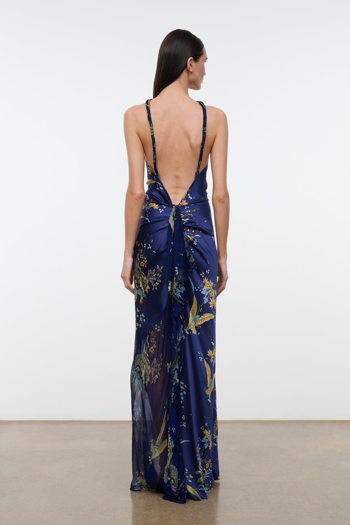 Dark blue silk halter maxi dress with gold tapestry print, open back and tie