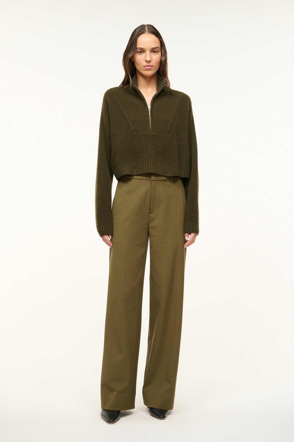 Olive cashmere cropped sweater with quarter-zip, ribbed hem, long sleeves