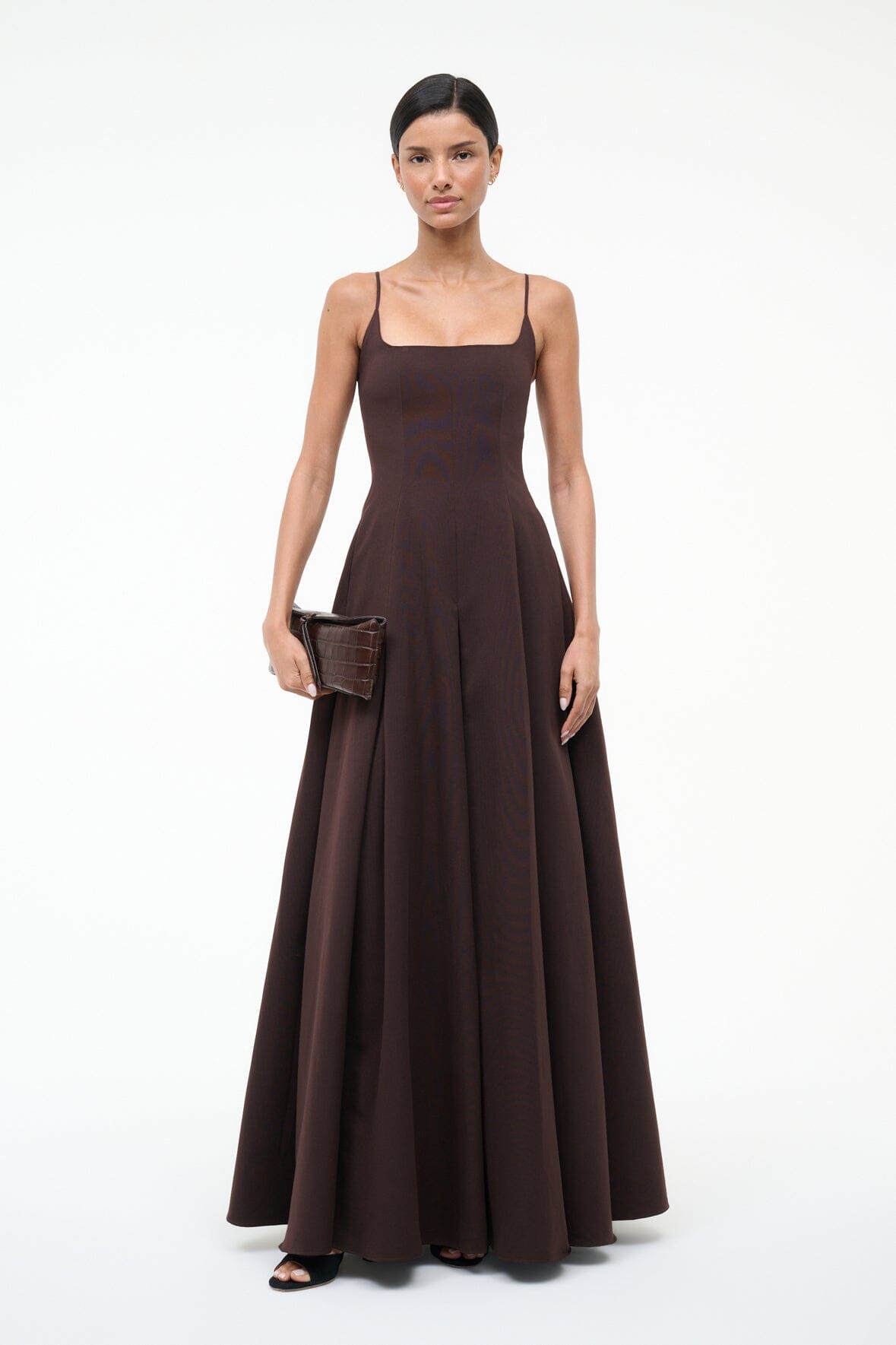 JOY maxi dress dark brown, square neckline, thin straps, pleated A-line skirt