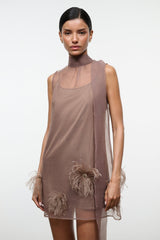 Taupe sheer mini dress with high neck and clustered feather applique near skirt