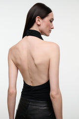 MONAY black backless bodysuit with draped halter strap, low open back