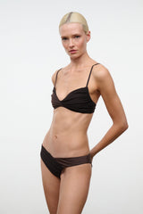 Dark espresso ruched bikini top with twisted V front and thin spaghetti straps