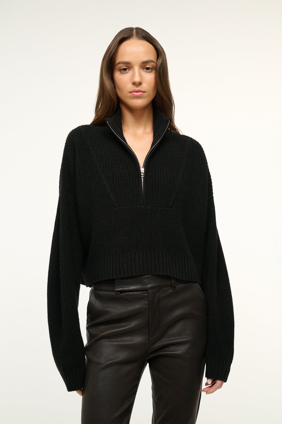 Black cropped cashmere sweater with quarter-zip and ribbed collar
