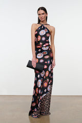 Silk halter maxi dress with multicolor swirl and circle print, side view