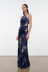 Dark blue silk halter dress with gold floral tapestry print, tied halter neckline