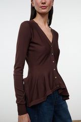 Jamie top in dark brown, V-neck button front, long sleeves, curved hem
