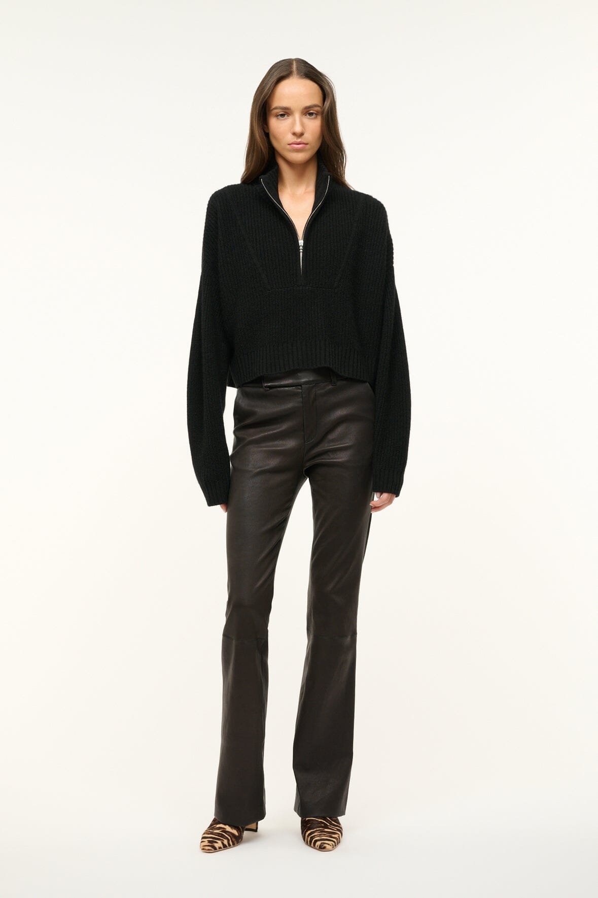 Black cropped cashmere quarter-zip sweater with ribbed cuffs