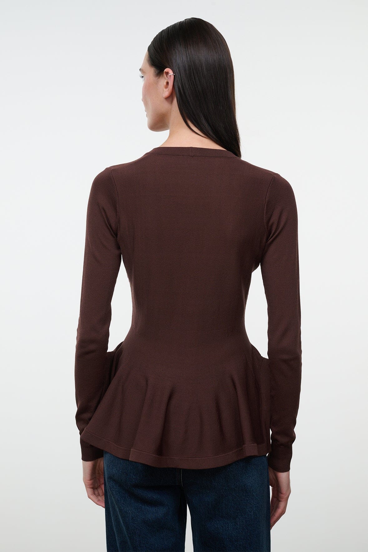 Jamie top dark brown, buttoned back, long sleeves, curved peplum-style hem