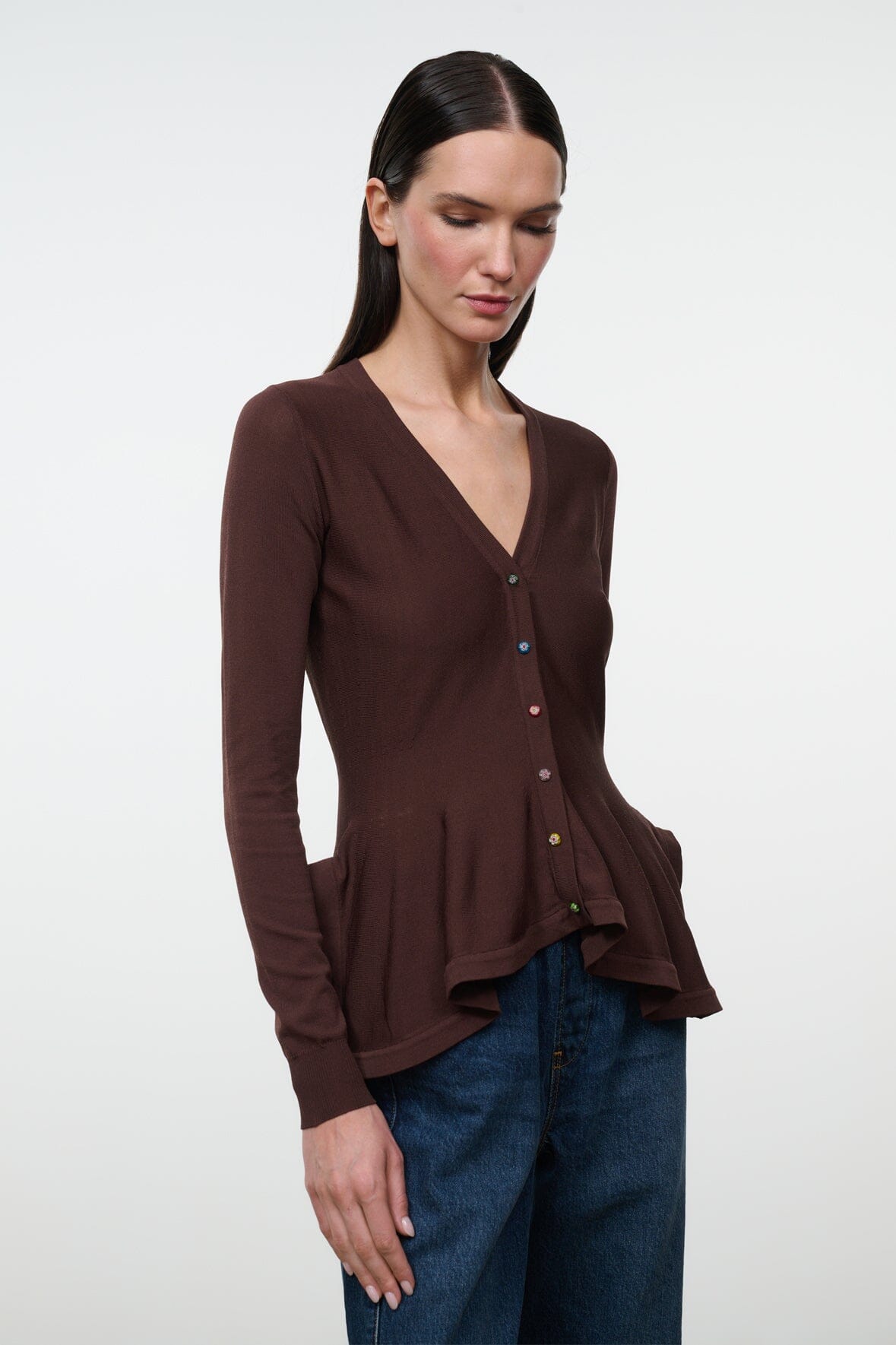 Jamie top dark brown V-neck with small buttons, long sleeves, layered peplum hem