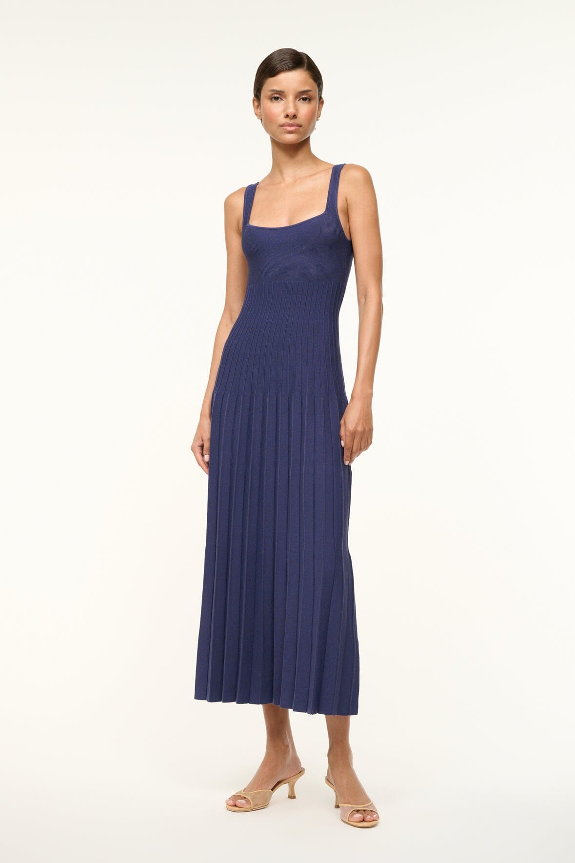 Navy sleeveless square-neck knit midi dress with pleated skirt
