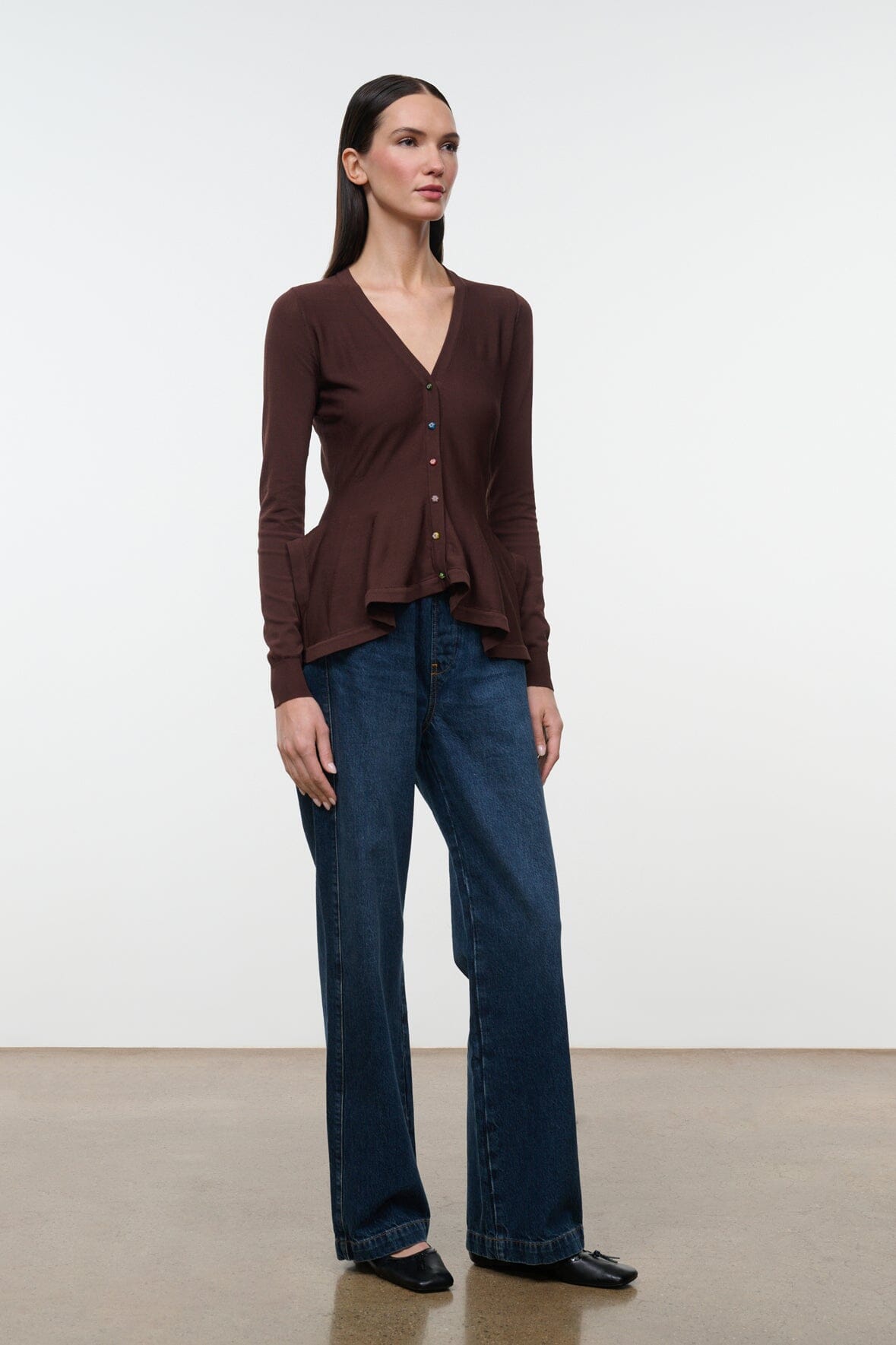 Jamie top dark brown V-neck button front, long sleeves, peplum hem