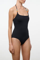 Black one-piece swimsuit with scoop front and multicolor beaded straps
