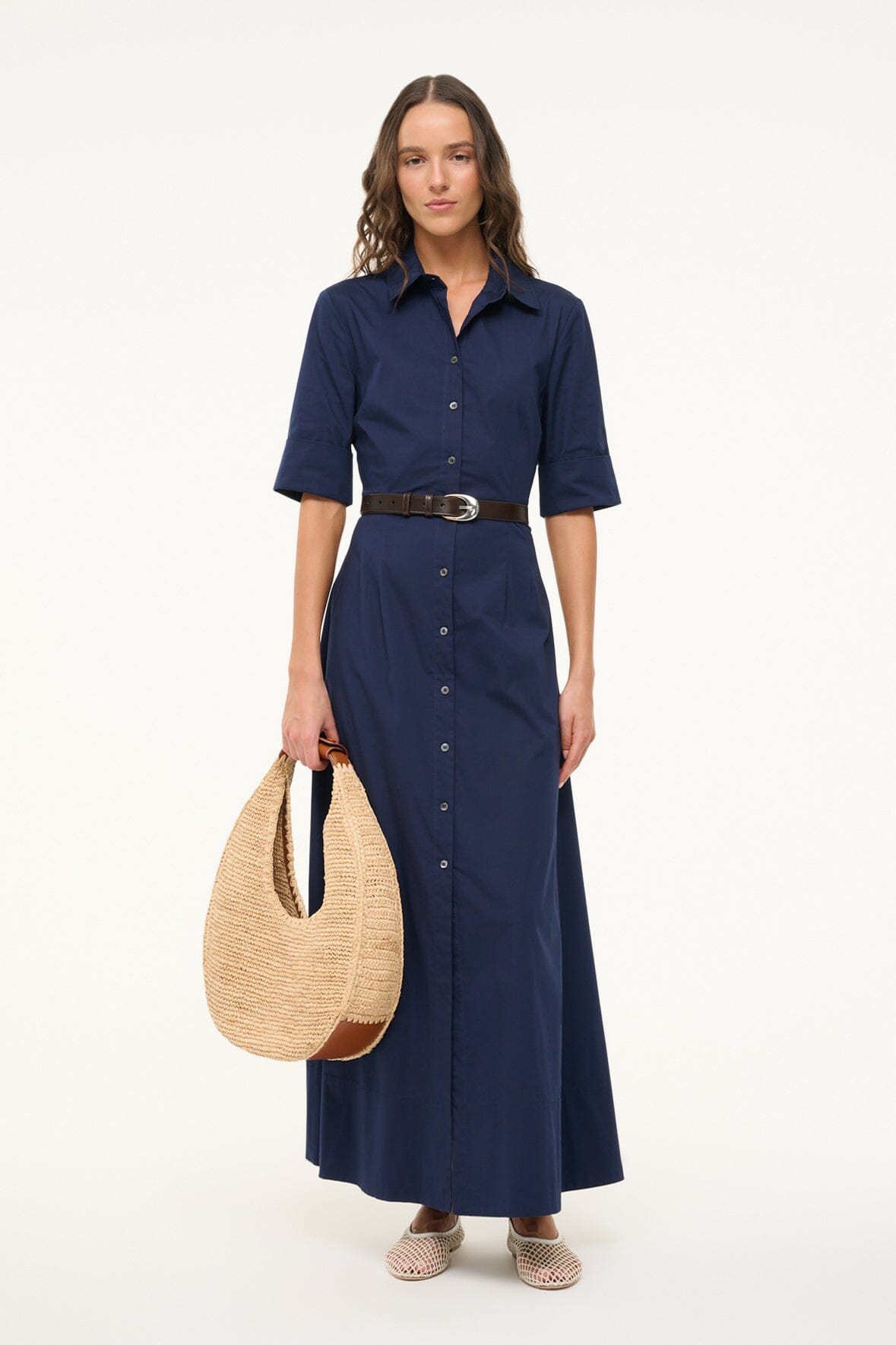 Navy maxi shirt dress with button front and belt at waist