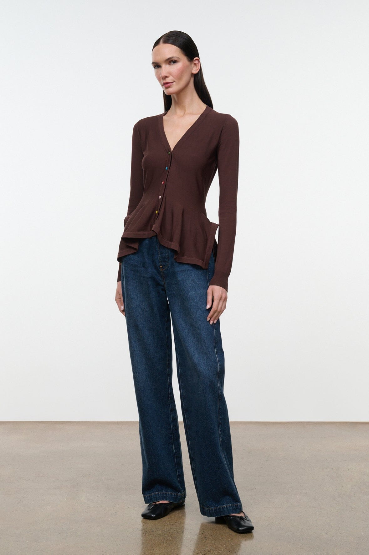 Jamie top dark brown V-neck button front, long sleeves, slightly flared peplum hem
