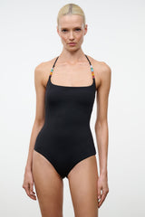 Black one-piece swimsuit, scoop neckline, multicolor beaded straps